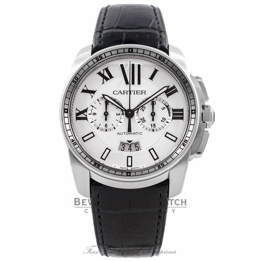 Cartier Calibre De Cartier Chronograph 42MM Stainless Steel Silver Dial Black Alligator Strap W7100046 RGSXNJ - Beverly Hills Watch Company Watch Store