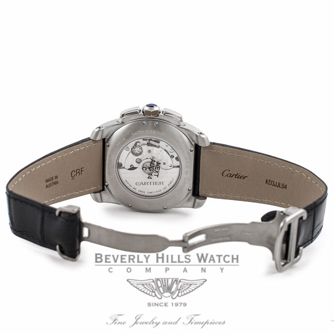 Cartier Calibre De Cartier Chronograph 42MM Stainless Steel Silver Dial Black Alligator Strap W7100046 RGSXNJ - Beverly Hills Watch Company Watch Store