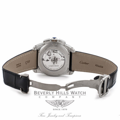 Cartier Calibre De Cartier Chronograph 42MM Stainless Steel Silver Dial Black Alligator Strap W7100046 RGSXNJ - Beverly Hills Watch Company Watch Store