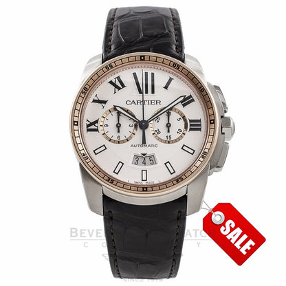 Cartier Calibre De Cartier Chronograph 42MM Stainless Steel 18k Rose Gold Bezel Silver Dial Brown Alligator Strap W7100043 5FYTV3 - Beverly Hills Watch Company