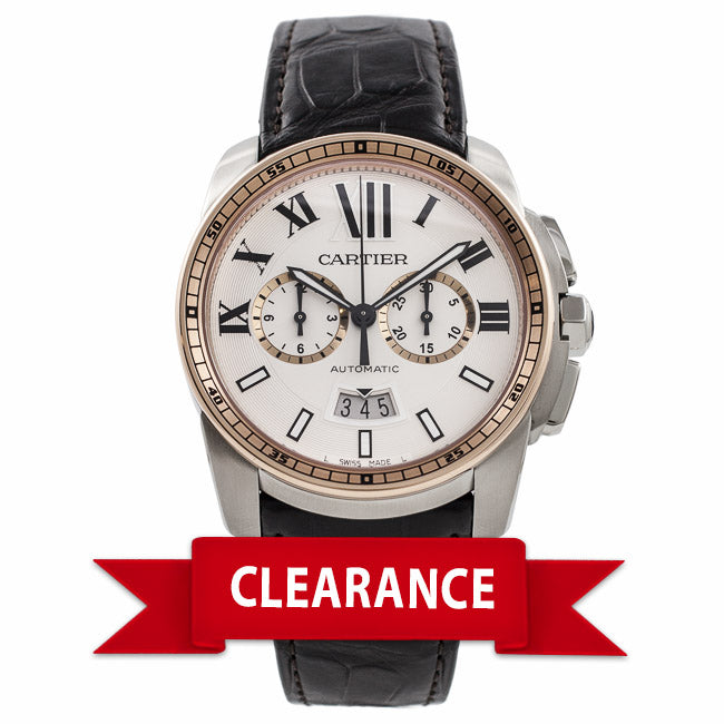 Cartier Calibre De Cartier Chronograph 42MM Stainless Steel 18k Rose Gold Bezel Silver Dial Brown Alligator Strap W7100043 5FYTV3 - Beverly Hills Watch Company