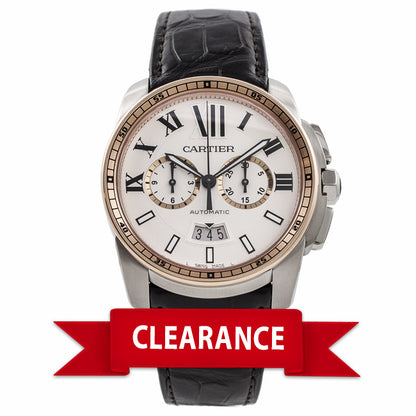 Cartier Calibre De Cartier Chronograph 42MM Stainless Steel 18k Rose Gold Bezel Silver Dial Brown Alligator Strap W7100043 5FYTV3 - Beverly Hills Watch Company