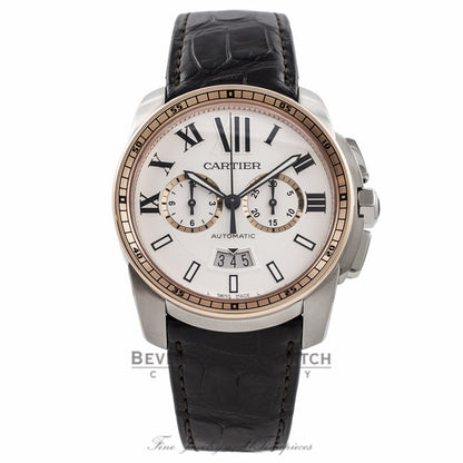 Cartier Calibre De Cartier Chronograph 42MM Stainless Steel 18k Rose Gold Bezel Silver Dial Brown Alligator Strap W7100043 5FYTV3 - Beverly Hills Watch Company