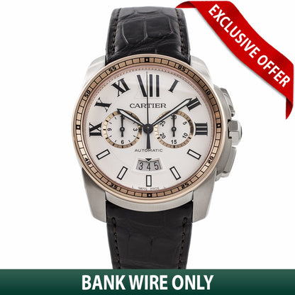 Cartier Calibre De Cartier Chronograph 42MM Stainless Steel 18k Rose Gold Bezel Silver Dial Brown Alligator Strap W7100043 5FYTV3 - Beverly Hills Watch Company