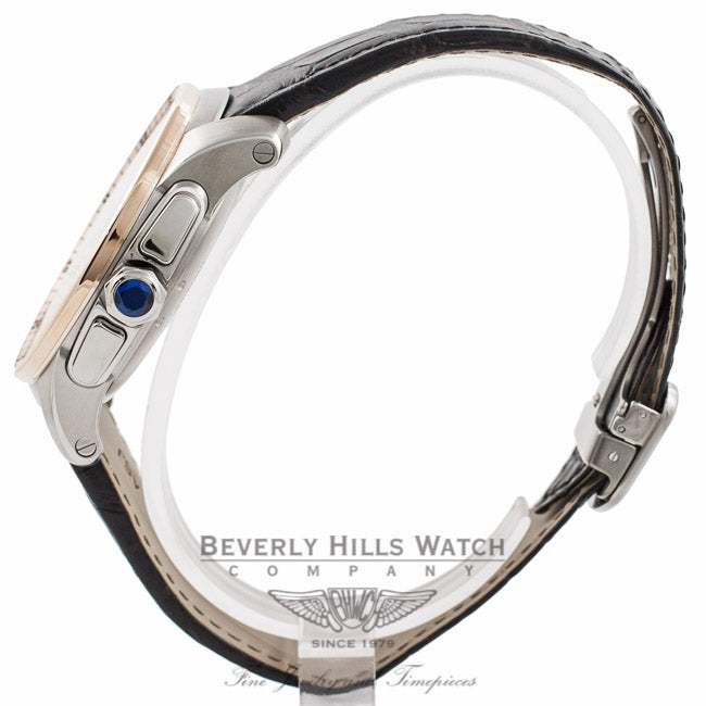 Cartier Calibre De Cartier Chronograph 42MM Stainless Steel 18k Rose Gold Bezel Silver Dial Brown Alligator Strap W7100043 5FYTV3 - Beverly Hills Watch Company