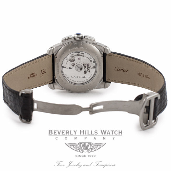Cartier Calibre De Cartier Chronograph 42MM Stainless Steel 18k Rose Gold Bezel Silver Dial Brown Alligator Strap W7100043 5FYTV3 - Beverly Hills Watch Company