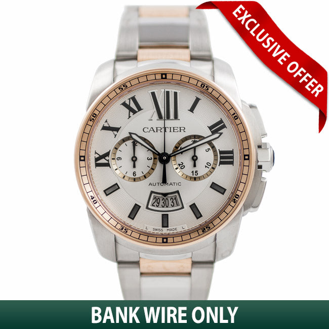 Cartier Calibre De Cartier Chronograph 42MM Stainless Steel 18k Rose Gold Bezel Silver Dial W7100042 16PBVB - Beverly Hills Watch Company Watch Store