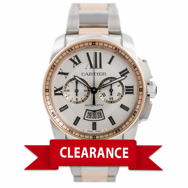 Cartier Calibre De Cartier Chronograph 42MM Stainless Steel 18k Rose Gold Bezel Silver Dial W7100042 16PBVB - Beverly Hills Watch Company Watch Store