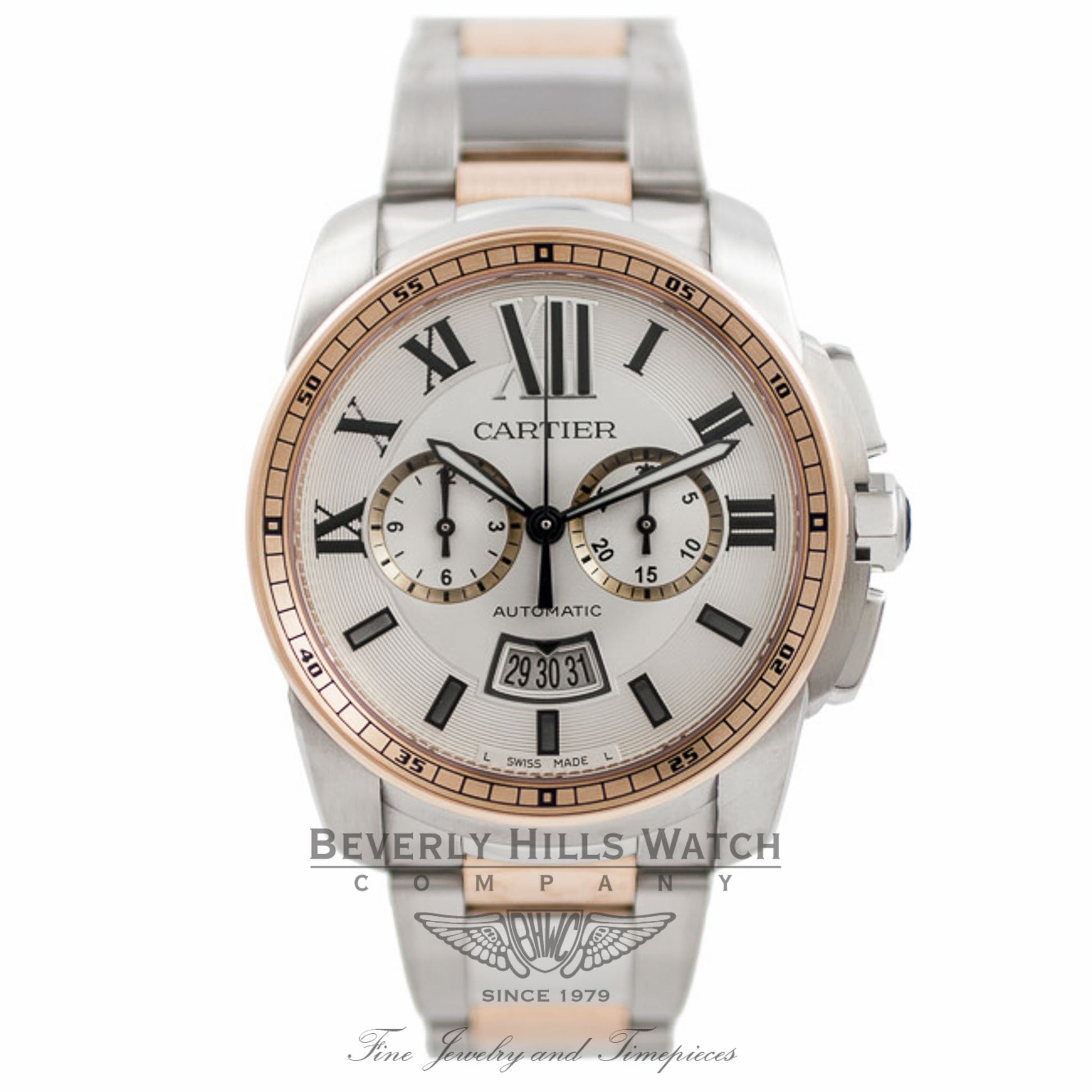Cartier Calibre De Cartier Chronograph 42MM Stainless Steel 18k Rose Gold Bezel Silver Dial W7100042 16PBVB - Beverly Hills Watch Company Watch Store