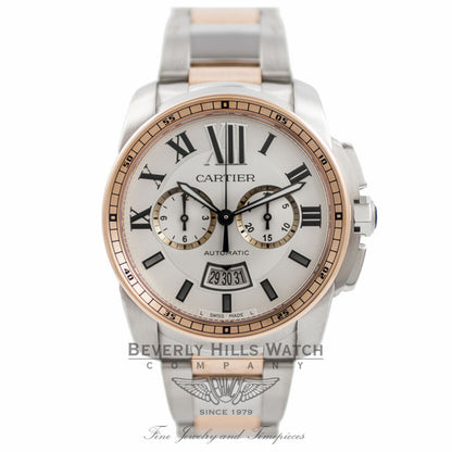 Cartier Calibre De Cartier Chronograph 42MM Stainless Steel 18k Rose Gold Bezel Silver Dial W7100042 16PBVB - Beverly Hills Watch Company Watch Store
