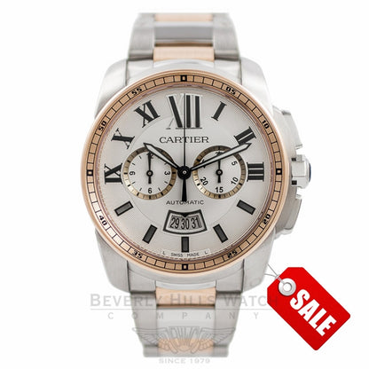 Cartier Calibre De Cartier Chronograph 42MM Stainless Steel 18k Rose Gold Bezel Silver Dial W7100042 16PBVB - Beverly Hills Watch Company Watch Store