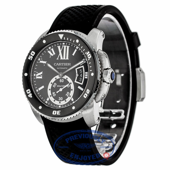 Cartier Calibre de Cartier Stainless Diver Steel Black Dial Rubber Strap W7100056 F4KYTM - Beverly Hills Watch Company