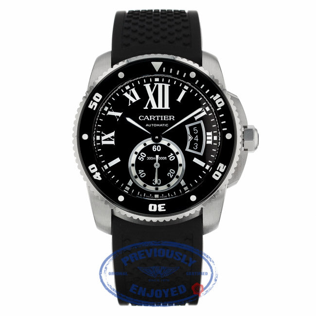 Cartier Calibre de Cartier Stainless Diver Steel Black Dial Rubber Strap W7100056 F4KYTM - Beverly Hills Watch Company