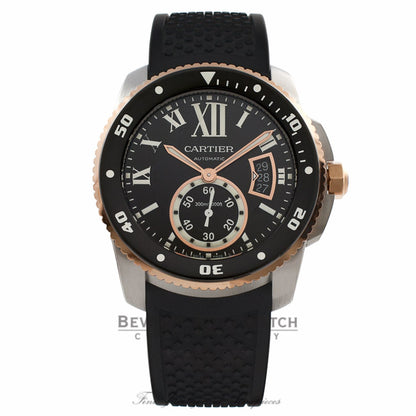 Cartier Calibre de Cartier Diver Stainless Steel 18k Rose Gold Black Dial Rubber Strap W7100056 83CMLT - Beverly Hills Watch Company Watch Store