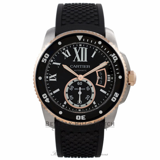 Cartier Calibre de Cartier Diver Stainless Steel 18k Rose Gold Black Dial Rubber Strap W7100056 83CMLT - Beverly Hills Watch Company Watch Store