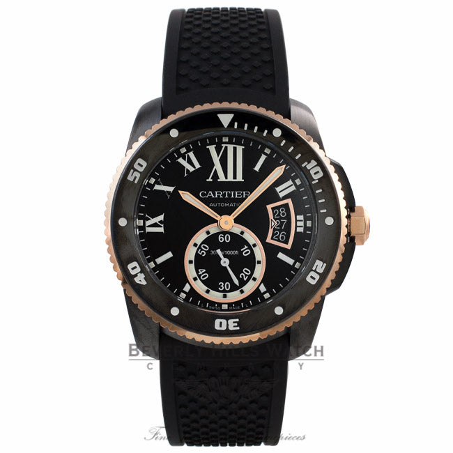 CALIBRE DE CARTIER CARBON DIVER WATCH 42 mm, Rose Gold , ADLC, rubber WSCA0006 DWEKUC - Beverly Hills Watch Company Watch Store