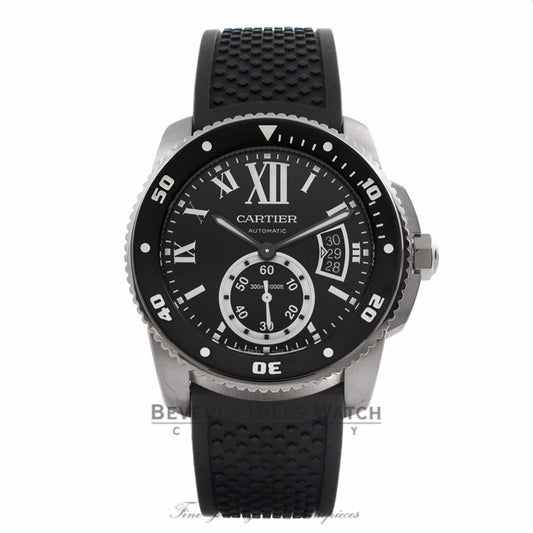 Cartier Calibre de Cartier Stainless Diver Steel Black Dial Automatic Rubber Strap W7100056 LYEUVM - Beverly Hills Watch Company Watch Store