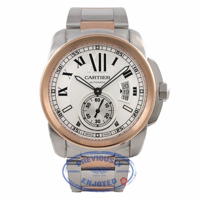 Cartier Calibre De Cartier 18k Rose Gold Stainless Steel Silver Dial W7100036 R1N8HZ - Beverly Hills Watch Company Watch Store