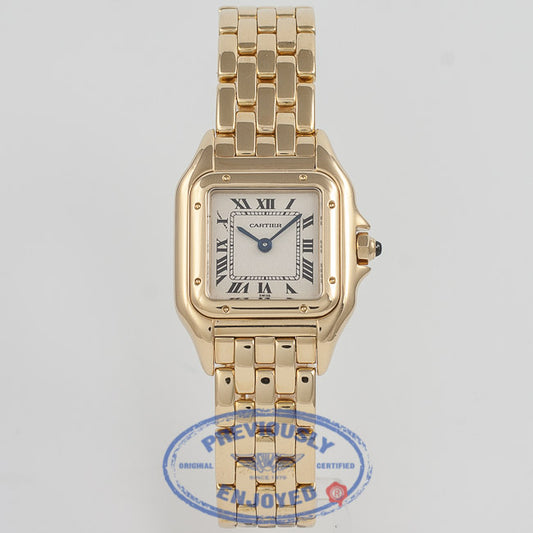 Cartier Panthere Yellow Gold Bracelet White Roman Numeral Dial Ladies Watch W25022B9 Beverly Hills Watch Company Watch Store