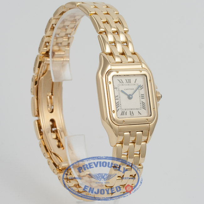 Cartier Panthere Yellow Gold Bracelet White Roman Numeral Dial Ladies Watch W25022B9 Beverly Hills Watch Company Watch Store