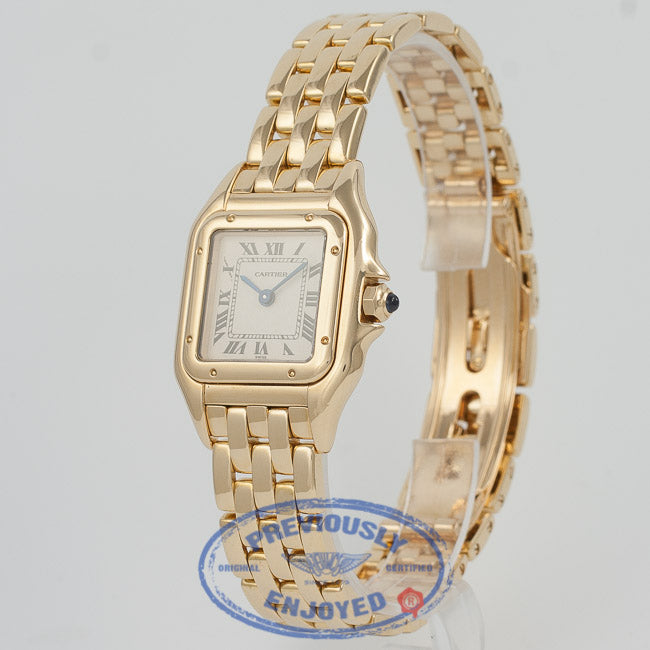 Cartier Panthere Yellow Gold Bracelet White Roman Numeral Dial Ladies Watch W25022B9 Beverly Hills Watch Company Watch Store