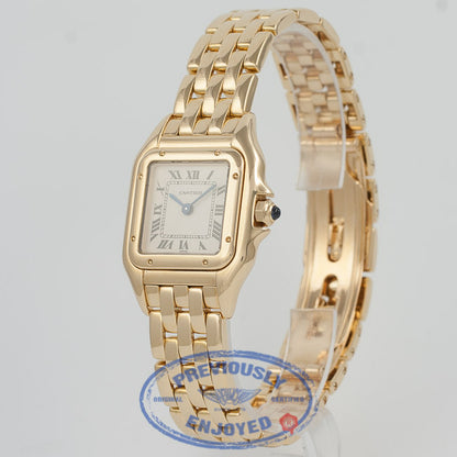 Cartier Panthere Yellow Gold Bracelet White Roman Numeral Dial Ladies Watch W25022B9 Beverly Hills Watch Company Watch Store