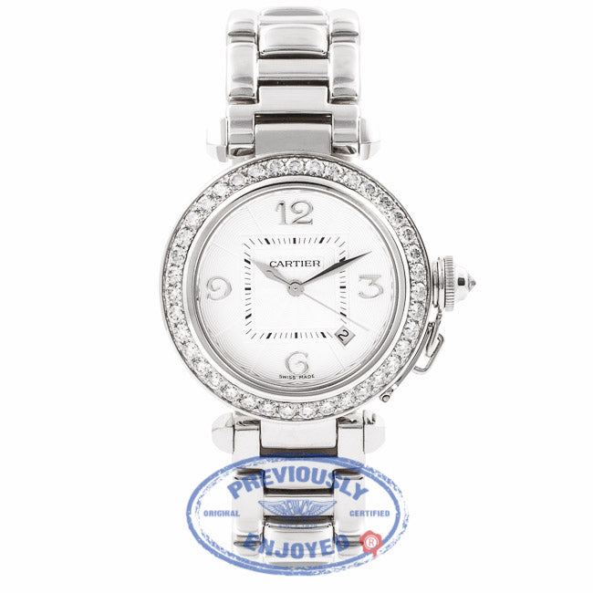 Cartier Pasha 32MM 18k White Gold Silver Dial Diamond Bezel Diamond Crown WJ1116M9 UYXSYX - Beverly Hills Watch Company Watch Store