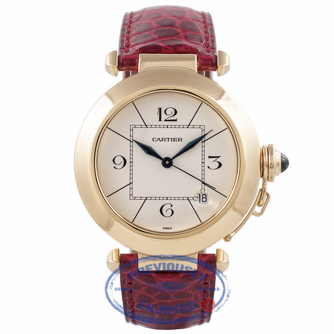 Cartier Pasha 38MM 18k Yellow Gold White Dial Pink Alligator Strap Circa 1986 KEC54J - Beverly Hills Watch Company Watch Store