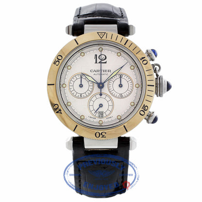 Cartier Pasha Stainless Steel Yellow Gold 38mm Chronograph Silver Dial Leather Strap 2113 H2LARH - Beverly Hills Watch Company