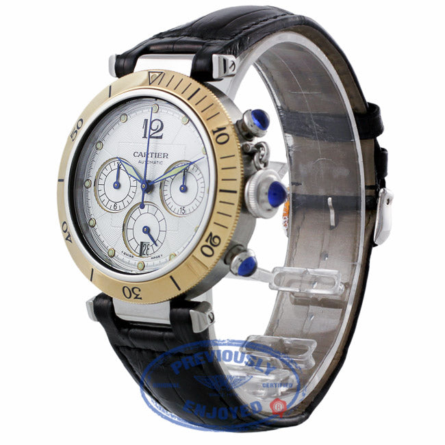 Cartier Pasha Stainless Steel Yellow Gold 38mm Chronograph Silver Dial Leather Strap 2113 H2LARH - Beverly Hills Watch Company