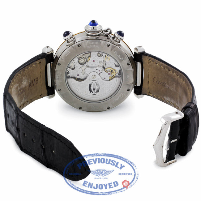 Cartier Pasha Stainless Steel Yellow Gold 38mm Chronograph Silver Dial Leather Strap 2113 H2LARH - Beverly Hills Watch Company