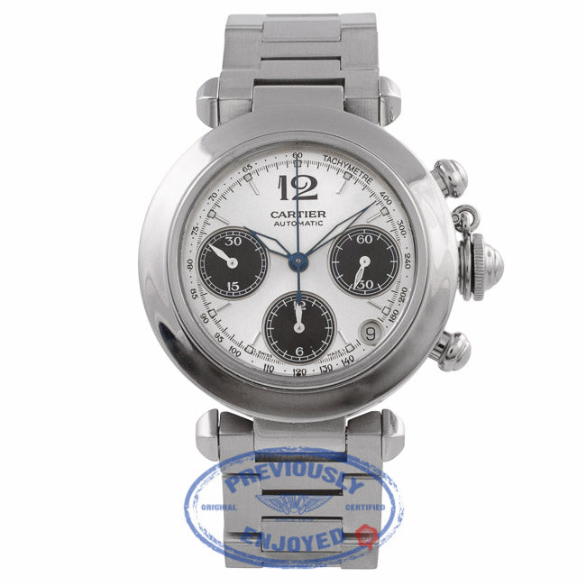 Cartier Pasha C Stainless Steel 35MM Silver Dial Black Subdials W31048M7 K0FLCW - Beverly Hills Watch Company Watch Store