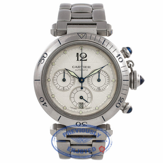 Cartier Pasha Stainless Steel 38mm Automatic Chronograph White Dial Bracelet W31030H3 1JYDE9 - Beverly Hills Watch Company Watch Store