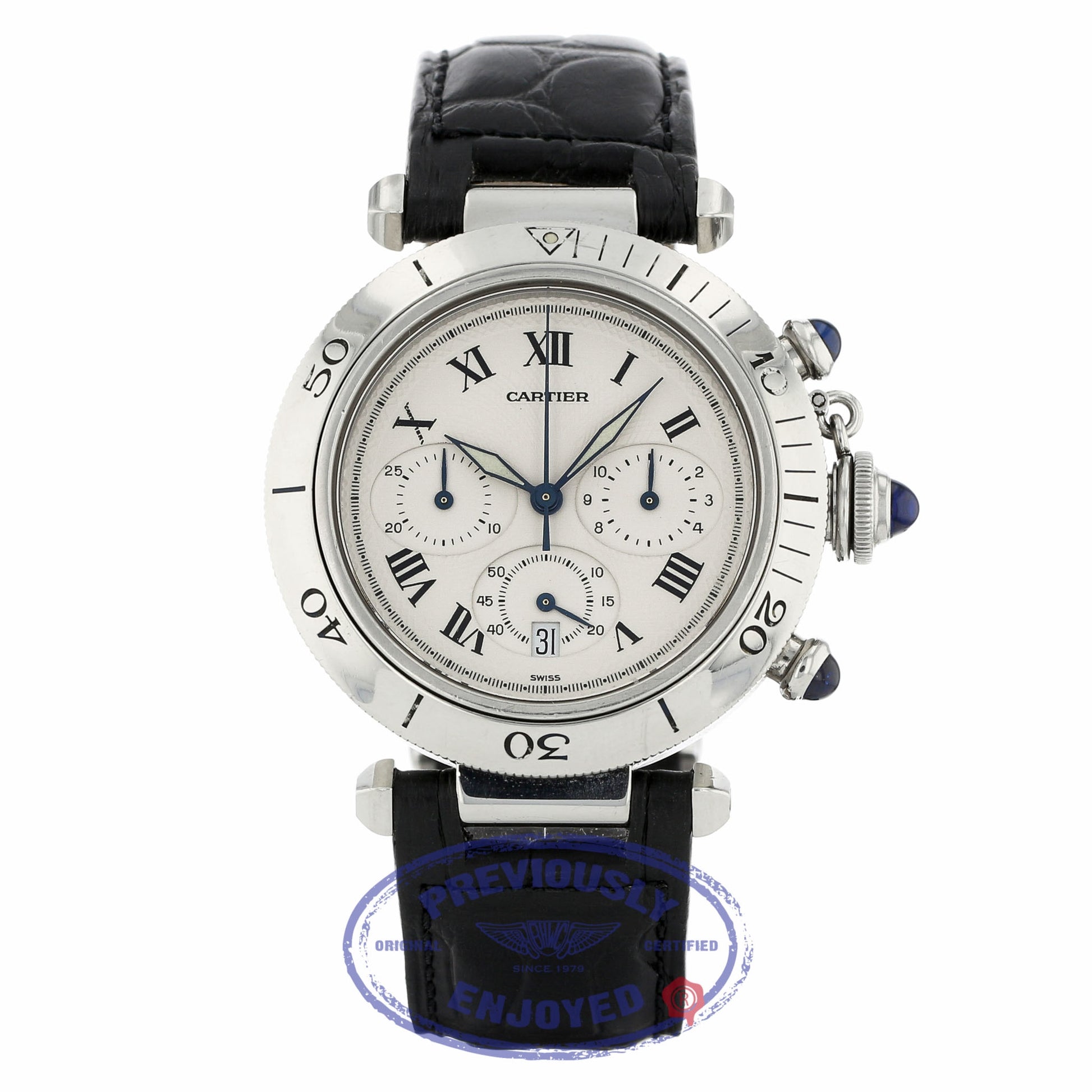Cartier Pasha Chronograph Stainless Steel 38mm Ivory Dial 1050 779XCJ - Beverly Hills Watch