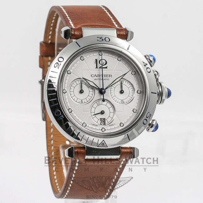 Cartier Pasha Stainless Steel 38mm Automatic Chronograph White Dial Leather Strap Watch W31030H3 Beverly Hills Watch Company Watches
