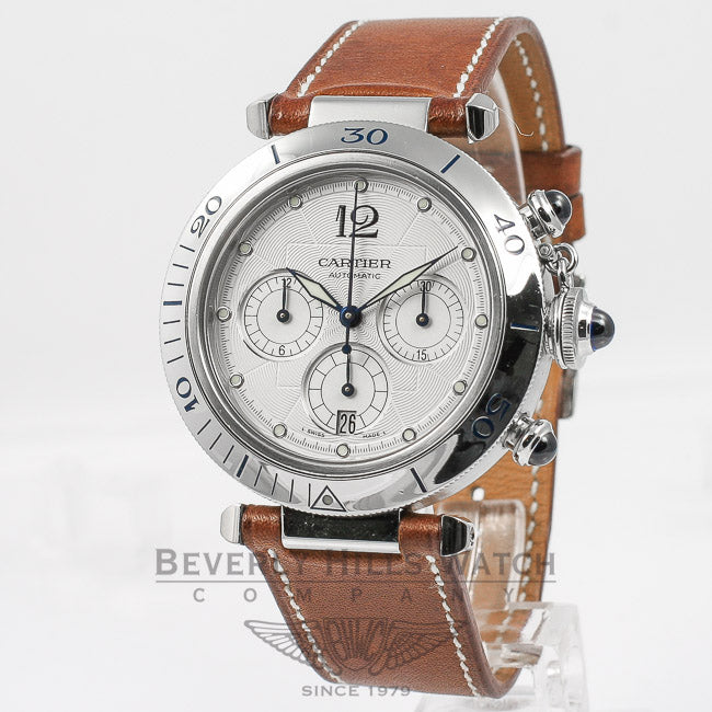 Cartier Pasha Stainless Steel 38mm Automatic Chronograph White Dial Leather Strap Watch W31030H3 Beverly Hills Watch Company Watches