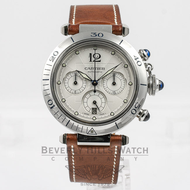 Cartier Pasha Stainless Steel 38mm Automatic Chronograph White Dial Leather Strap Watch W31030H3 Beverly Hills Watch Company Watches