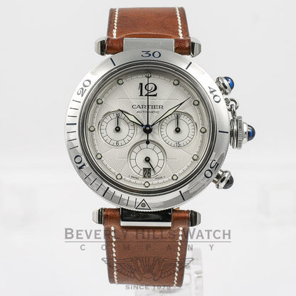 Cartier Pasha Stainless Steel 38mm Automatic Chronograph White Dial Leather Strap Watch W31030H3 Beverly Hills Watch Company Watches