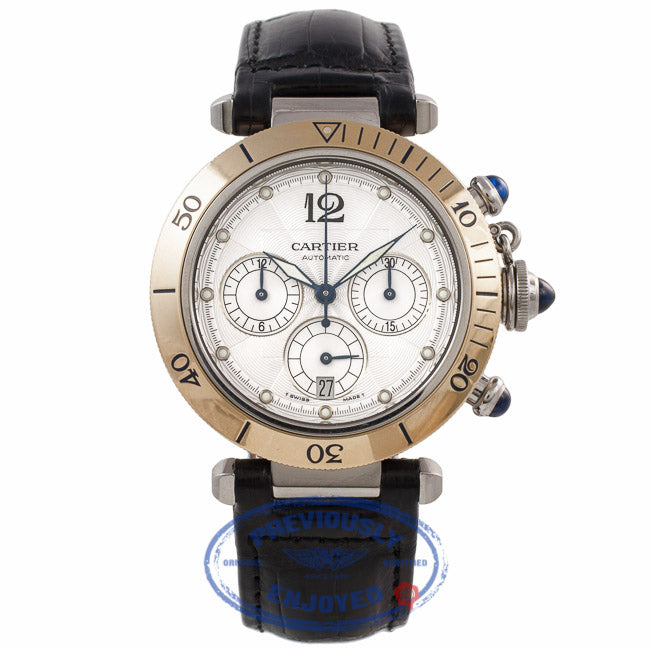 Cartier Pasha Stainless Steel Yellow Gold 38mm Chronograph Silver Dial Leather Strap 2113 H2LARH - Beverly Hills Watch Company Watch Store