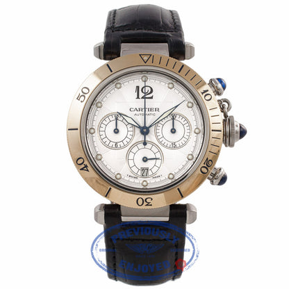Cartier Pasha Stainless Steel Yellow Gold 38mm Chronograph Silver Dial Leather Strap 2113 H2LARH - Beverly Hills Watch Company Watch Store