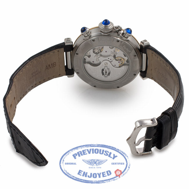 Cartier Pasha Stainless Steel Yellow Gold 38mm Chronograph Silver Dial Leather Strap 2113 H2LARH - Beverly Hills Watch Company Watch Store