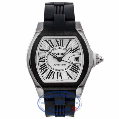 Cartier Roadster S Large Stainless Steel ADLC Coating Bezel Silver Dial Rubber Strap W6206018 PNV4UQ - Beverly Hills Watch Company Watch Store