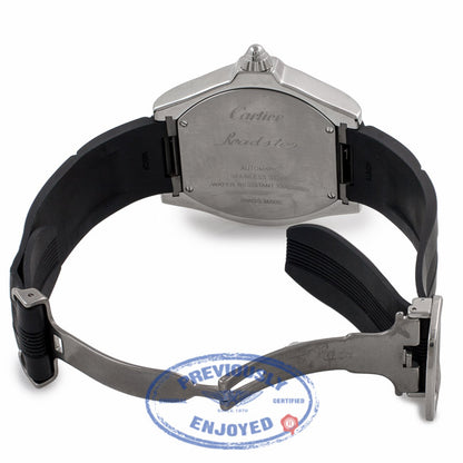 Cartier Roadster S Large Stainless Steel ADLC Coating Bezel Silver Dial Rubber Strap W6206018 PNV4UQ - Beverly Hills Watch Company Watch Store