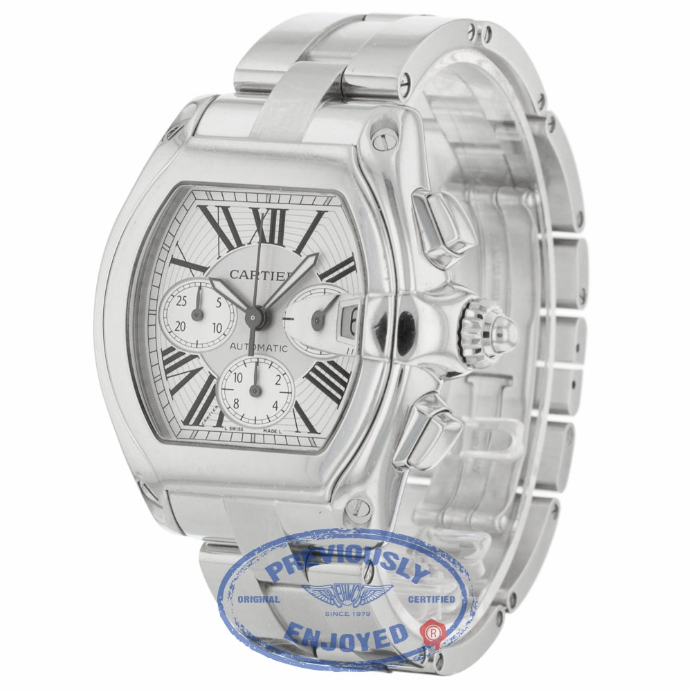 Cartier Roadster XL Stainless Steel Bracelet Silver Roman Numeral Dial W62019X6 JL32WD - Beverly Hills Watch Company