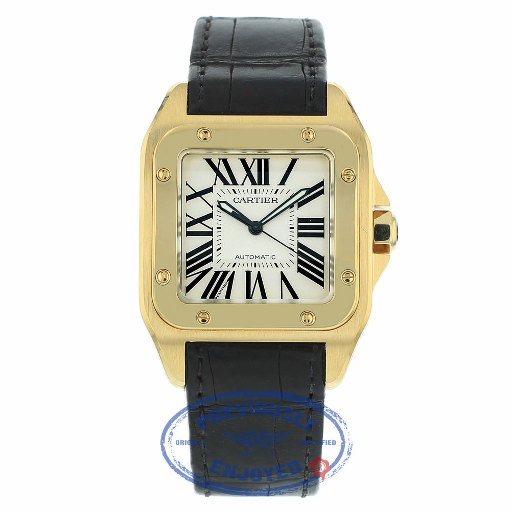 Cartier Santos 100 Large Yellow Gold White Dial Black Alligator Strap W20071Y1 F3FM7W - Beverly Hills Watch Company