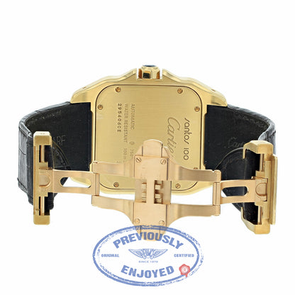 Cartier Santos 100 Large Yellow Gold White Dial Black Alligator Strap W20071Y1 F3FM7W - Beverly Hills Watch Company