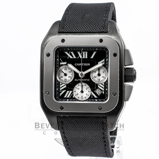 Cartier カルティエ サントス100 カーボン XL クロノグラフ W2020005 デイト 100m防水 黒 ブラック TI チタン SS ステンレス 純正ナイロンベルト 純正バックル メンズ 自動巻き【6ヶ月保証】【腕時計】【中古】 Cartier Santos 100 XL Chronograph Black PVD Case Titanium Bezel