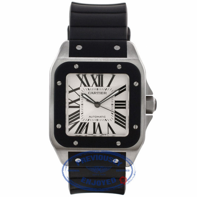 Cartier Santos 100 XL Black Rubber Bezel Stainless Steel Silver Dial Black Rubber Strap W20121U2 D2D0QA - Beverly Hills Watch Company Watch Store