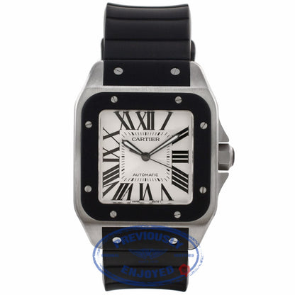 Cartier Santos 100 XL Black Rubber Bezel Stainless Steel Silver Dial Black Rubber Strap W20121U2 D2D0QA - Beverly Hills Watch Company Watch Store