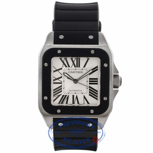 Cartier Santos 100 XL Black Rubber Bezel Stainless Steel Silver Dial Black Rubber Strap W20121U2 D2D0QA - Beverly Hills Watch Company Watch Store